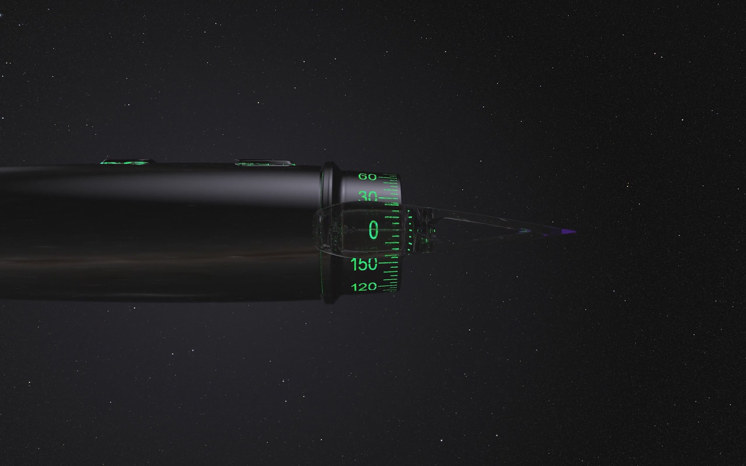 Load video: Rotating black corneal eye marker suspended in space. Green arrows point down to note the finger brake button.